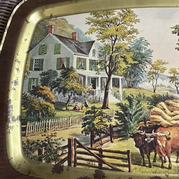 VINTAGE CURRIER & IVES HARVEST TIME METAL SERVING TRAY - Picture 4 of 8